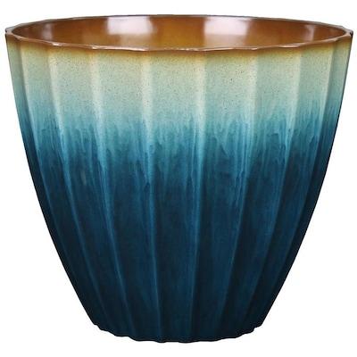 allen + roth 18.75-in W x 17.31-in H Flute Planter Teal Resin Planter