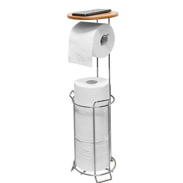 J JACKCUBE Design Toilet Paper Roll Holder Stand and Dispenser with Bamboo Shelf for Mobile Phone - Bathroom Storage Holds 4 Rolls - MK466A