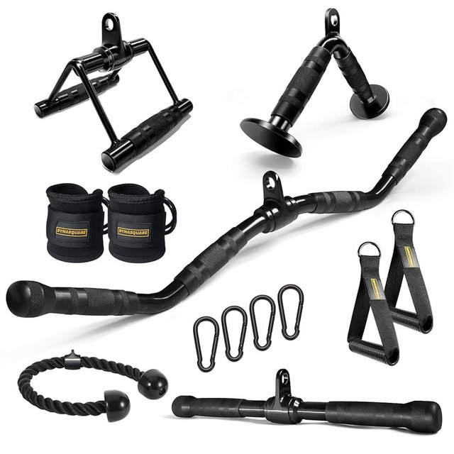DYNASQUARE LAT Pulldown Attachments Combo, Cable Machine Accessories with Curl Pulldown Bar, Fit Most Gym Machines, Made of Heavy Duty Solid Steel