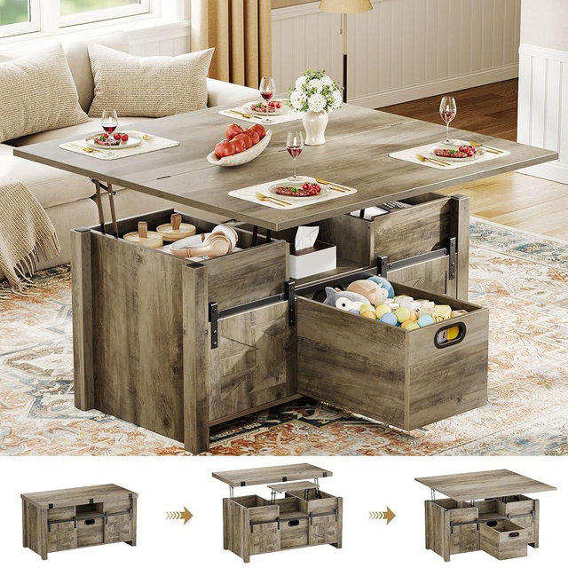 Memobarco 40" Farmhouse Lift Top Coffee Table with Sliding Barn Door,4 in 1 Multi-Function Coffee Tables with Storage Drawers & Hidden Compartment,Converts to Dining Table for Living Room,Grey