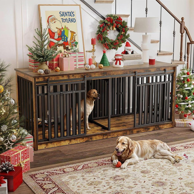 71 Inch Double Dog Crate Furniture for 2 Dogs, Heavy Duty Wooden Dog Crate TV Stand with 4 Dog Bowls, Dog Kennel Indoor Furniture Sliding Barn Door Design for Extra Large Dogs, Rustic Brown