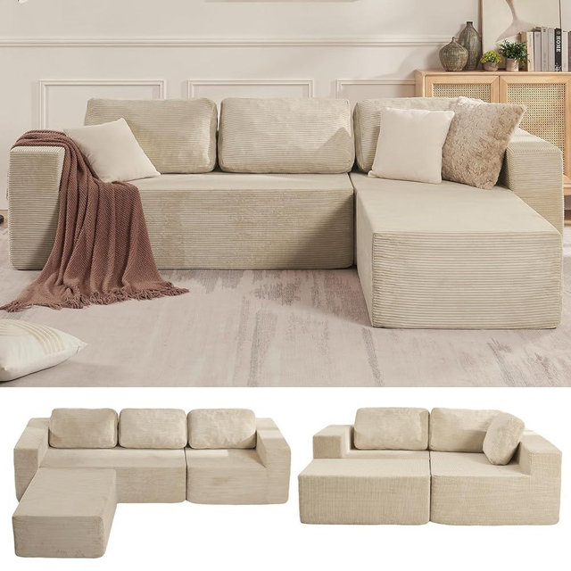 Furnify 106" Cloud Sectional Couch, Left/Right Facing Convertible Sofa with Deep Seat, L-Shape Modular Upholstered Foam Couch for Living Room Bedroom, No Assembly Required (Corduroy Fabric, Beige)