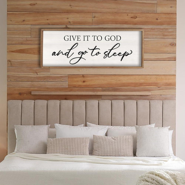 Give it to God and Go to Sleep Sign Wall Decor Wood Frame 40" X 15" Master Bedroom Above Bed Large Rustic Farmhouse Hanging Over Bed Wall Art Guest Room Decoration (Wood)