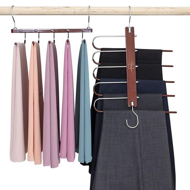 MORALVE Pants Hangers Space Saving - 2 Pack Wood Scarf Hangers for Closet Organizer - Jean Hangers Scarf Holder Closet Space Saving Hangers - Pants Rack Leggings Hanger Space Saver Closet Organization