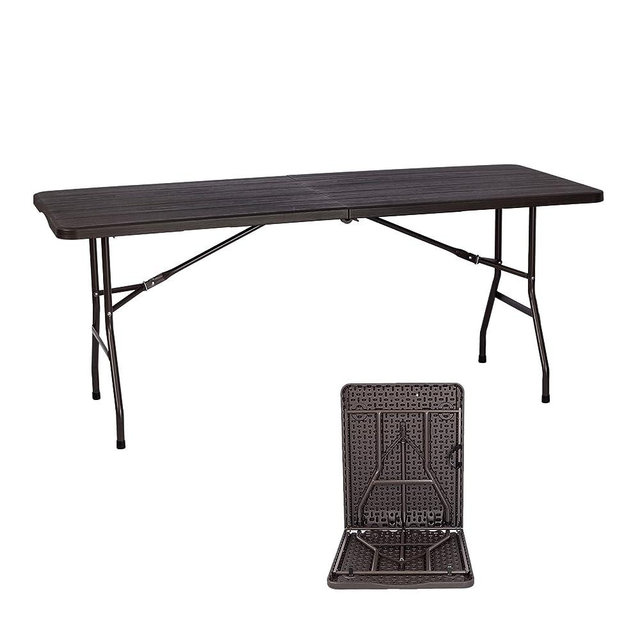 Lakhow 180 6-Foot Brown Wood Grain Folding Table Indoor and Outdoor Picnic, Barbecue, Party, Portable Folding Table with Handle, 6ft