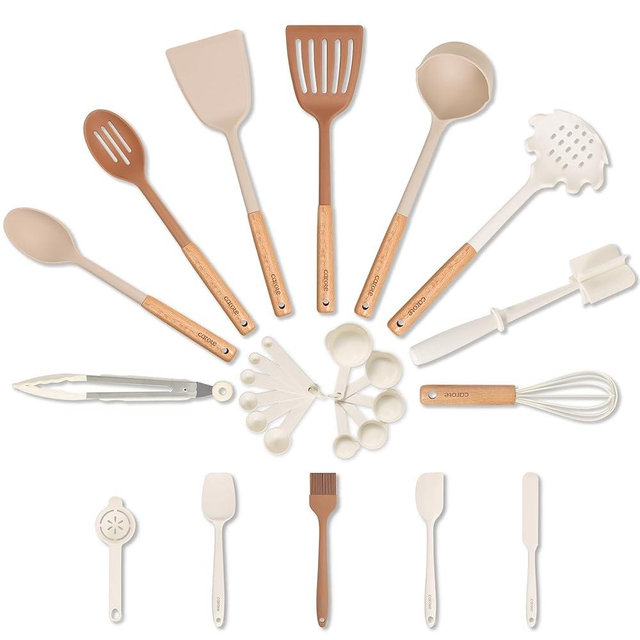 CAROTE Silicone Cooking Utensils Set, 26Pcs Kitchen Utensils Set with Wooden Handle, Kitchen Gadgets for Non-Stick Cookware, Heat Resistant Spatula Set, Large, Pink