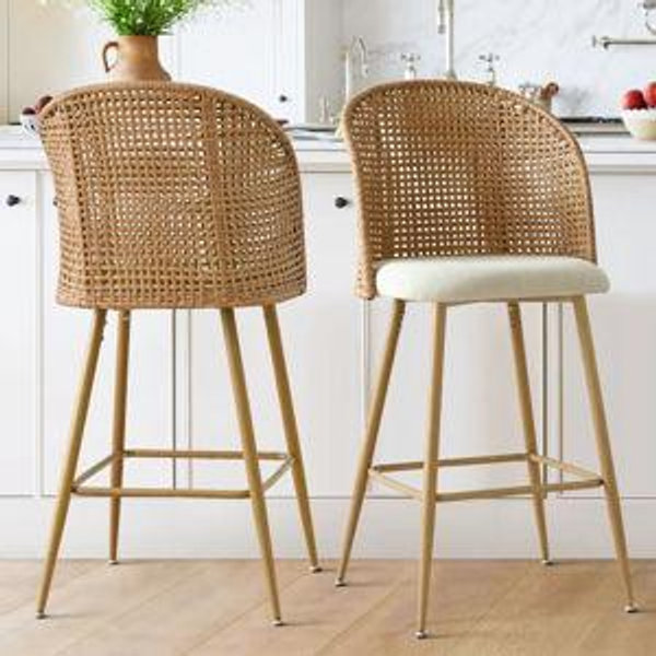 Damico 28.5" Upholstered Rattan Backrests Arm Bar Stool (Set of 2)