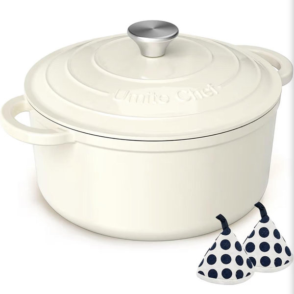 Umite Chef Enameled Cast Iron Dutch Oven-7QT Pot with Lid Cookbook & Cotton, Heavy-Duty Cookware for for Bread Baking, Braising, Stews, Marinate, Cook(Cream White)