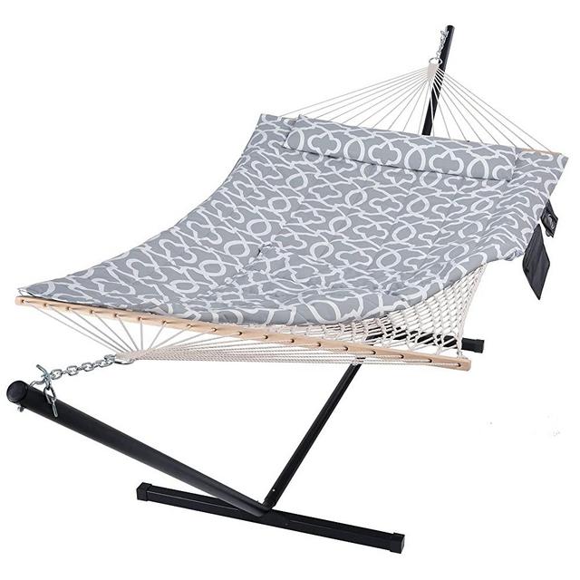 SUNCREAT Outdoor Double Hammock with Stand, Two Person Cotton Rope Hammock with Polyester Pad, Circle Pattern