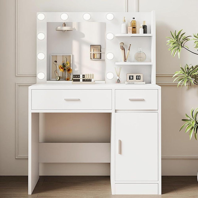 LIVELYGLOW Vanity Desk with Mirror and Lights, Makeup Vanity with Drawer & Storage Shelves, Cabinet, 3 Lighting Modes Adjustable Brightness, Bedroom Dressing Table, White by Boahaus
