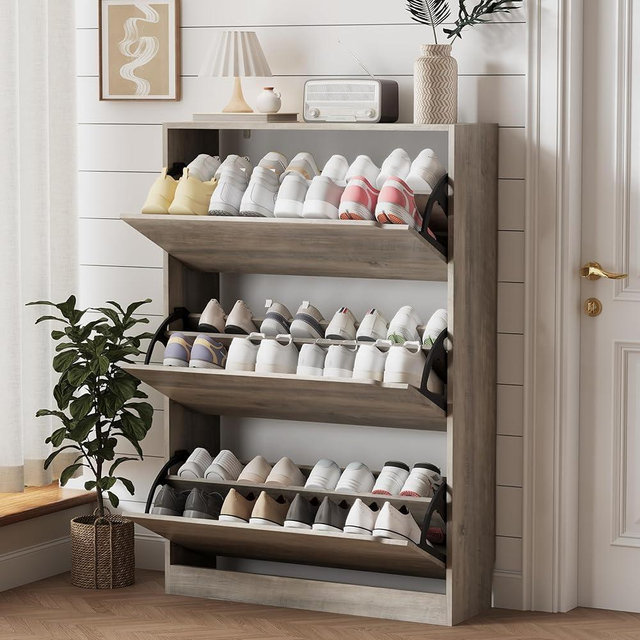 Sturdy Wood Hidden Shoe Storage Cabinet - Freestanding, Narrow, Grey with 3 Flip Drawers - Ideal for Entryway, Living Room, Bedroom, Hallway