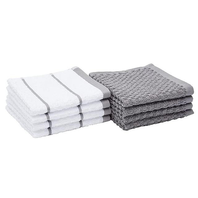 Amazon Basics 100% Cotton Terry Kitchen Dish Cloths, Popcorn Texture - 8-Pack, Grey Stripe