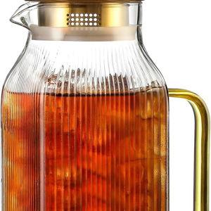 2 Liter/68 oz Square Glass Pitcher with Lid, Classic Stripes Water Pitchers with Handle for Fridge, Large Jug for Iced Tea, Coffee, Borosilicate Glass Carafe for Hot/Cold Brew Drink, Gold