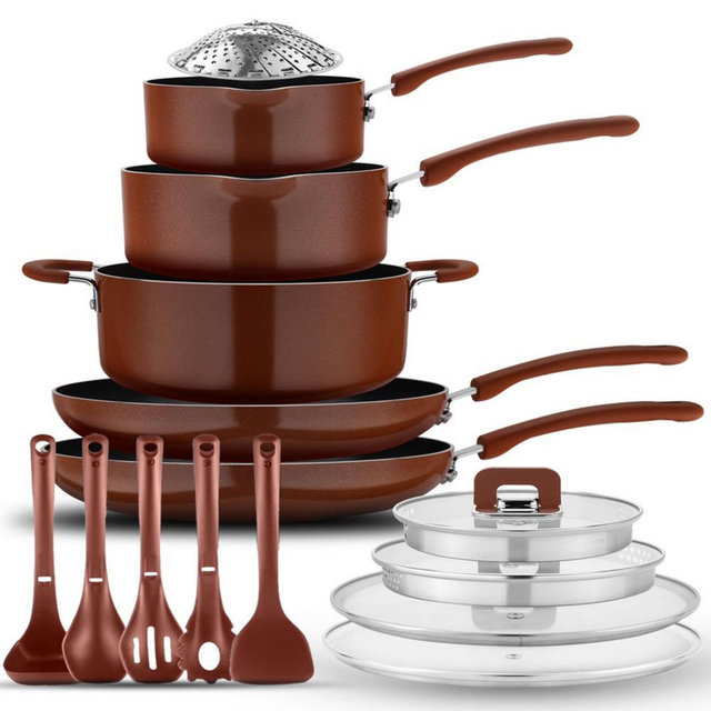 NutriChef Nonstick Space Saver 17-Piece Cookware Set - Brown Pots and Pans
