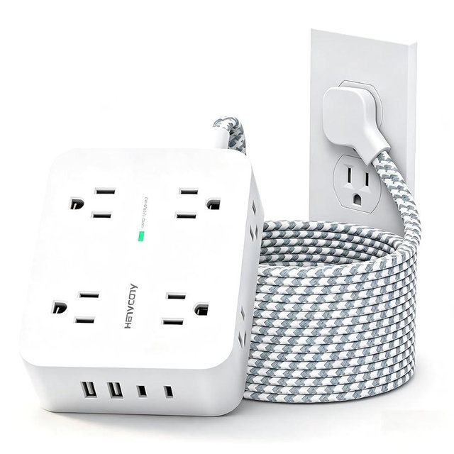 HANYCONY 10 Ft Braided Extension Cord with Ultra-Thin Flat Plug, 8 Widely Spaced Outlets & 4 USB Ports (2 USB C), 1080J Surge Protector Power Strip for Home Office, Dorm Room Essentials, Wall Mount