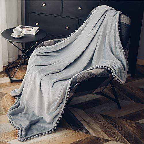 DEZENE Throw Blanket with Pom-poms Grey: Decorative Soft Fuzzy Fleece Fluffy Plush Flannel Nap Blanket for Couch Sofa Bed 50 x 60 Inch