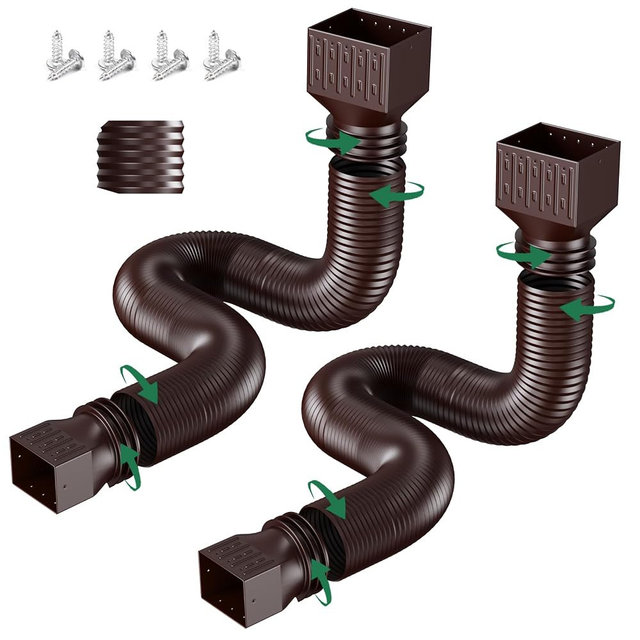 2 Pack Rain Gutter Downspout Extensions, Upgraded Flexible Drain Down Spout Extender for Rain Water Drainage, Each Extendable from 20" to 66", Combine to 10 ft with Connector(Brown)