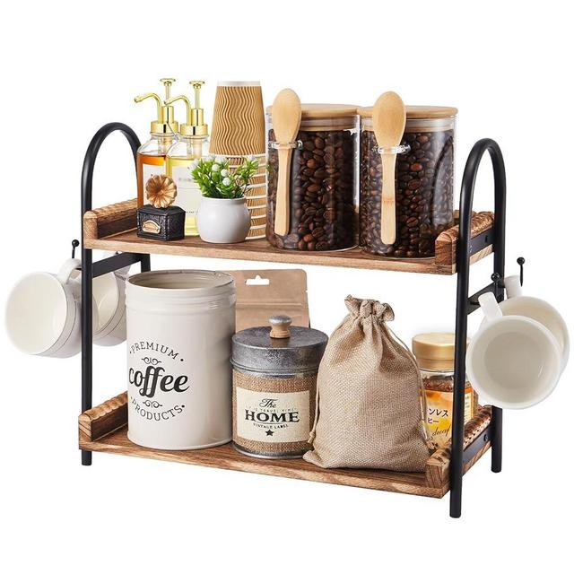 BDBDYEAY Coffee Bar Accessories, 2-Tier Coffee Bar Organizer with 4 Coffee Cup Holder Hooks, Mul-tifunctional Wooden Beaded Coffee Station Countertop Stand Shelf for Kitchen Home Office
