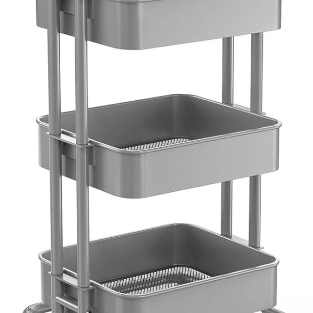 Pipishell 3 Tier Mesh Utility Cart, Rolling Metal Organization Cart with Handle and Lockable Wheels, Multifunctional Storage Shelves for Kitchen Living Room Office Grey