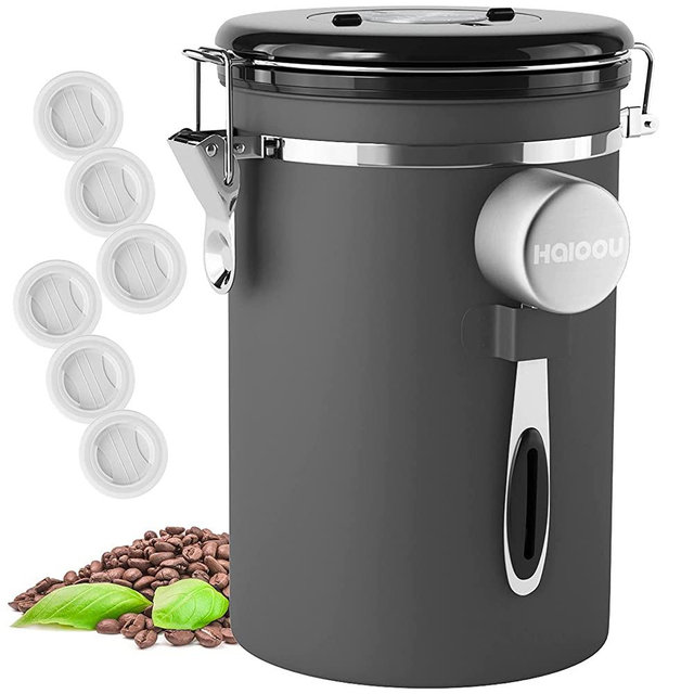 HAIOOU Airtight Coffee Canister, 22OZ Large Stainless Steel Coffee Bean Storage Container with Date Tracker, Measuring Scoop, CO2 Releasing Valves and Mini Tongs for Beans, Grounds and more - Gray