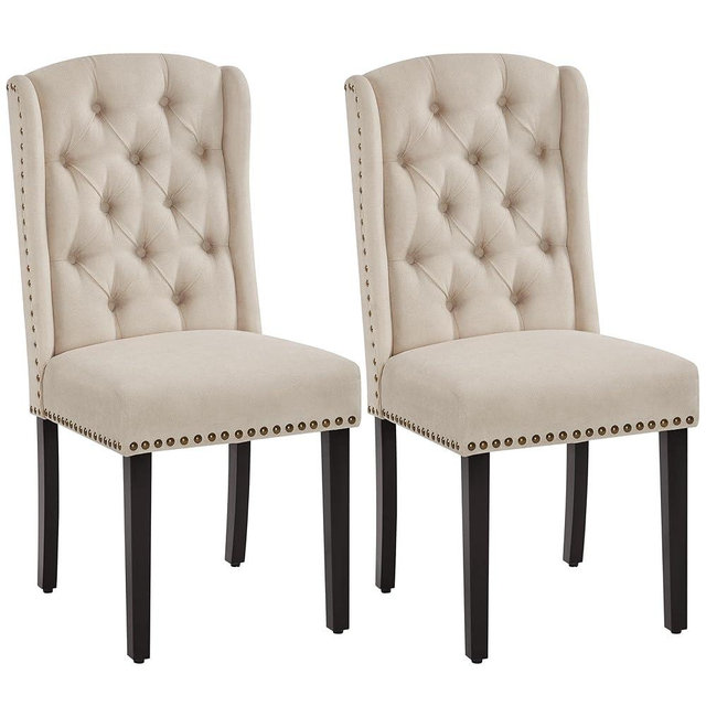Yaheetech Dining Chairs Upholstered Fabric Chairs Tufted Kitchen Chairs with Solid Wood Legs, Nailhead Trims and Wing Design for Dining Room Kitchen and Restaurant, 1 Package of 2pcs, Beige