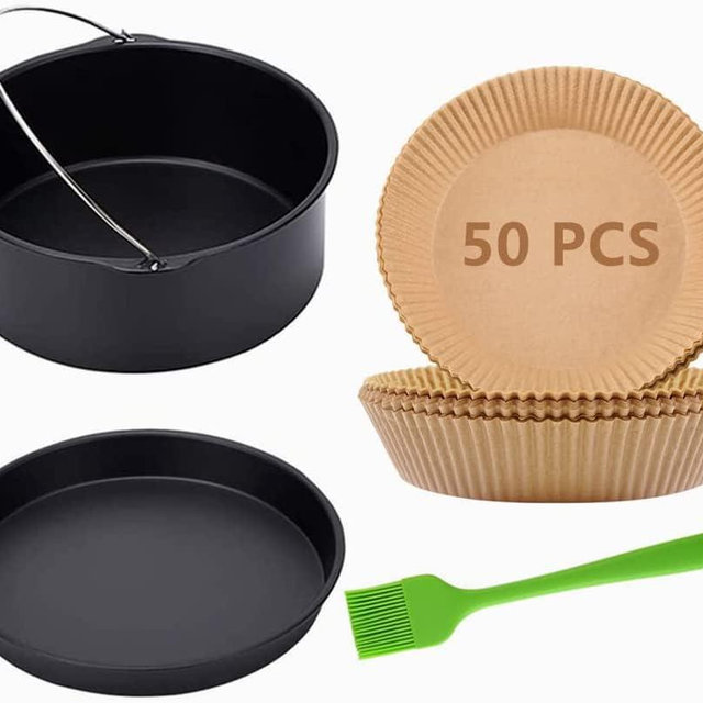 Air Fryer Accessories,7 inch Cake Barrel,Pizza Pan,50 Pcs Baking Paper and Silicone Brush for Ninja Gowise Cosori Phillips Cozyna Gourmia Zeny,