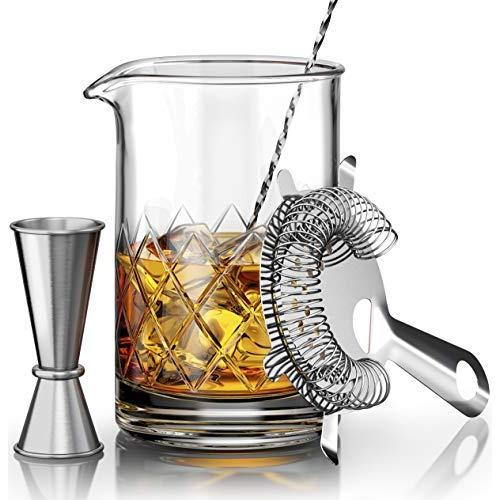 Crystal Cocktail Mixing Glass Set - Includes Mixing Spoon, Strainer, Jigger and 18oz 550ml Cocktail Glass - Sturdy, Thick Base - Perfect for Amateurs & Pros - Great Gift