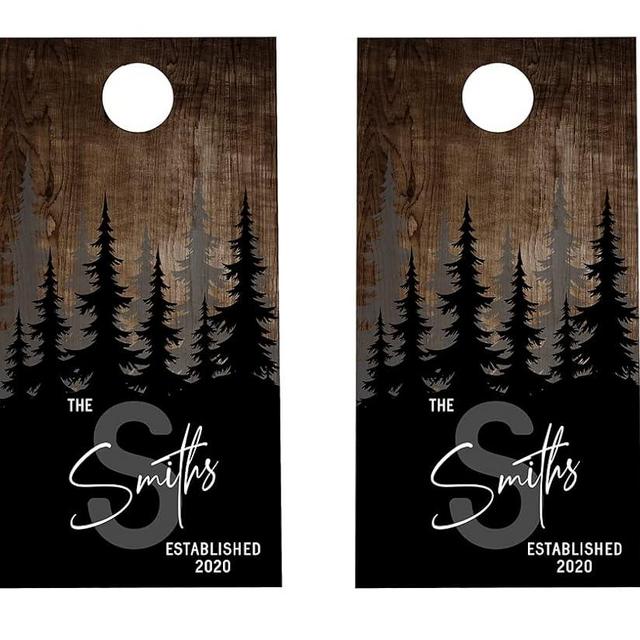 Cornhole Board Wraps Custom Family Name Wood and Trees Theme #725 - Cornhole Skins | Cornhole Graphic Decals - Includes Application Squeegee - Set of (2) 25" x 49” 3M Vinyl Wraps with Gloss Laminate