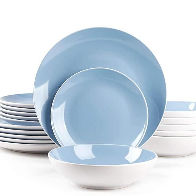 HomeVss, Stoneware Coupe Shape 18pc Dinnerware Set, Outside White + Inside Blue