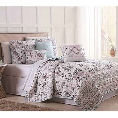 S.L. Home Fashions 6 Piece Abigail Floral Mint/Blush/White Quilt Set Full/Queen