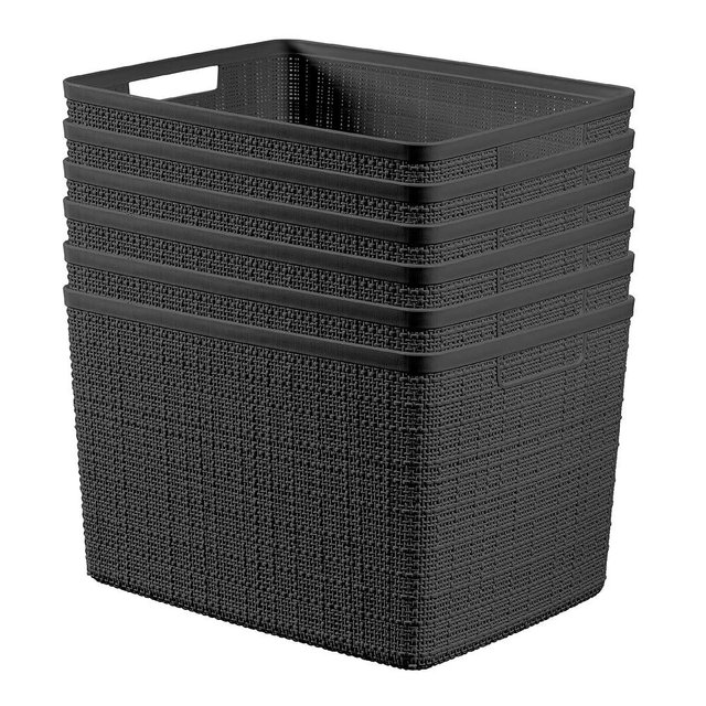 Curver Jute Large Decorative Plastic Organization and Storage Baskets, Perfect Bins for Home Office, Closet Shelves, Kitchen Pantry and All Bedroom Essentials, Pack of 4, Black