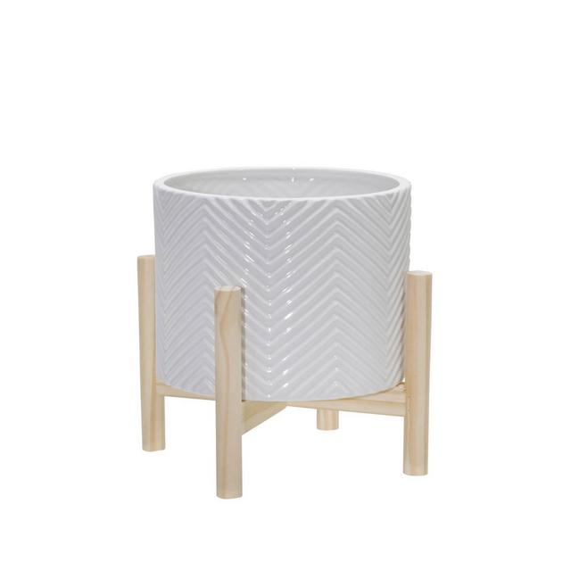 8" Ceramic Chevron Planter with Wood Stand White - Sagebrook Home