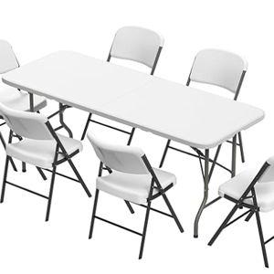 Elevon Folding Table Set with 6 White Folding Chairs,6 Feet Heavy Duty Fold-in-Half Utility Table Sets for Picnic, Event, Training, Outdoor Activities, at Home and Commercial Use