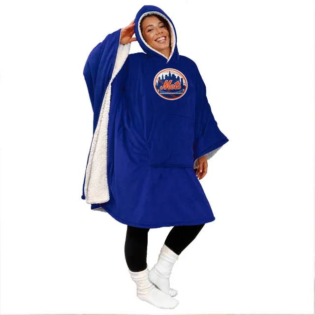 MLB New York Mets Team Color Bloncho with Logo Patch and Faux Shearling Inside Throw Blanket