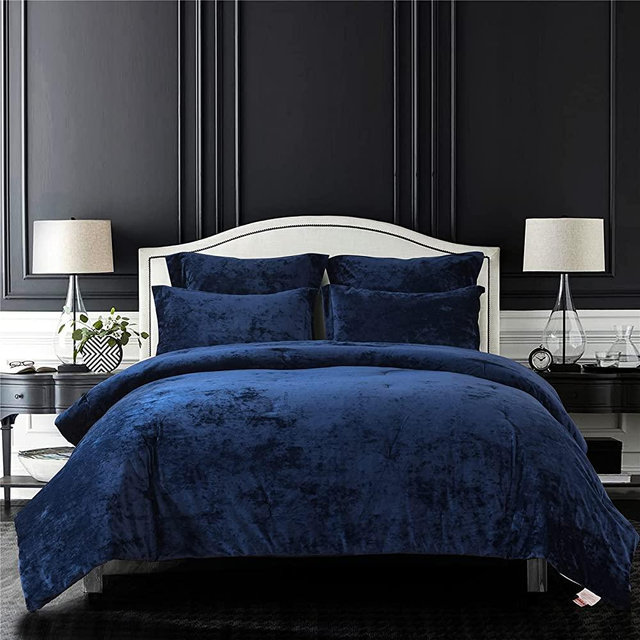 Sunshine Nicole Distressed Velvet Comforter Set, Distressed Velvet Face and Brushed Solid Microfiber Reverse, with Light Weight Soft Poly Fill, 5 Pieces Navy Queen