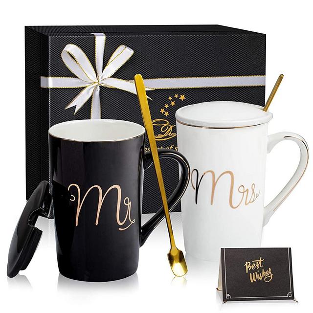 Jumway Mr and Mrs Coffee Mugs - Wedding Gifts - Mr and Mrs Mugs Set - for Bride and Groom - Gifts for Bridal Shower Engagement Wedding and Married Couples Anniversary - Ceramic Marble Cups 14 Oz Black