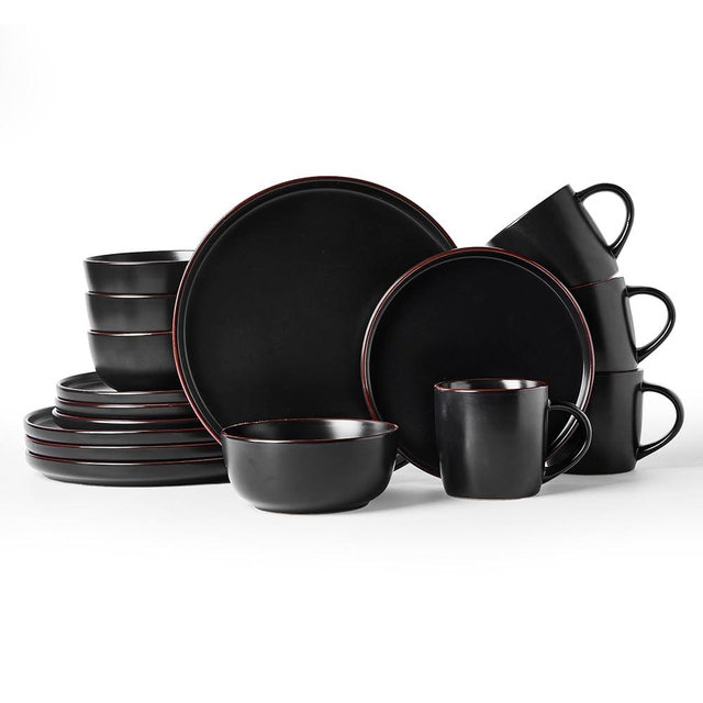 Famiware Mercury Dinnerware Sets with Mugs, Service for 4 (16 Pieces), Plates and Bowls Sets, Microwave and Dishwasher Safe Dishes Set, Matte Black