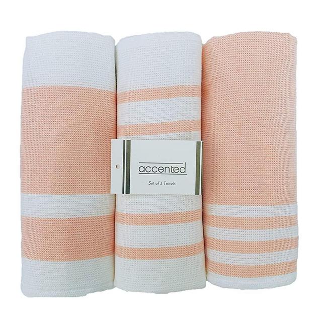Accented Kitchen Towels, Set of 3 - Thick, Fast Drying, Absorbent Tea Towels - Turkish Cotton Dish Towel Set with Hanging Loop - (26 x 19 inches) (Coral Pink)