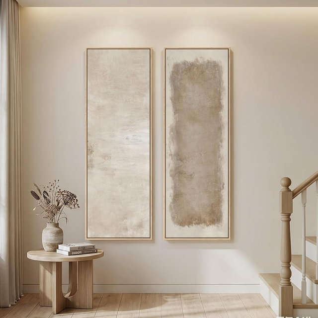 Long Narrow Framed Neutral Abstract Vertical Wall Art, 2 Piece Modern Canvas Prints Paintings Artwork for Walls, Tall Beige Cream Minimalist Pictures for Living Room Bedroom Hallway Entryway Wall Decor