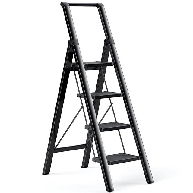 4 Step Ladder, Ladnamy Folding Step Stool with Wide Anti-Slip Pedal&Handrail, Aluminum Lightweight Portable Step Stools for Adults, 330 IBS Capacity Multi-Use Ladders for Home&Kitchen, Black