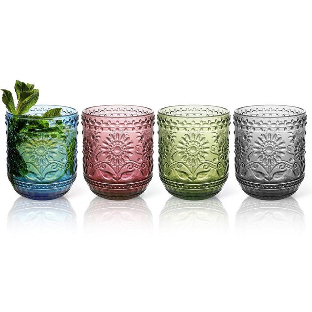 Topsky Vintage Drinking Glass Set of 4,12 oz Embossed Floral Drinkware Set,Colorful Drinking Glasses Cups Wine Glasses Colored Glassware for Whisky,Beer,Juice,Cocktail,Heavy Duty