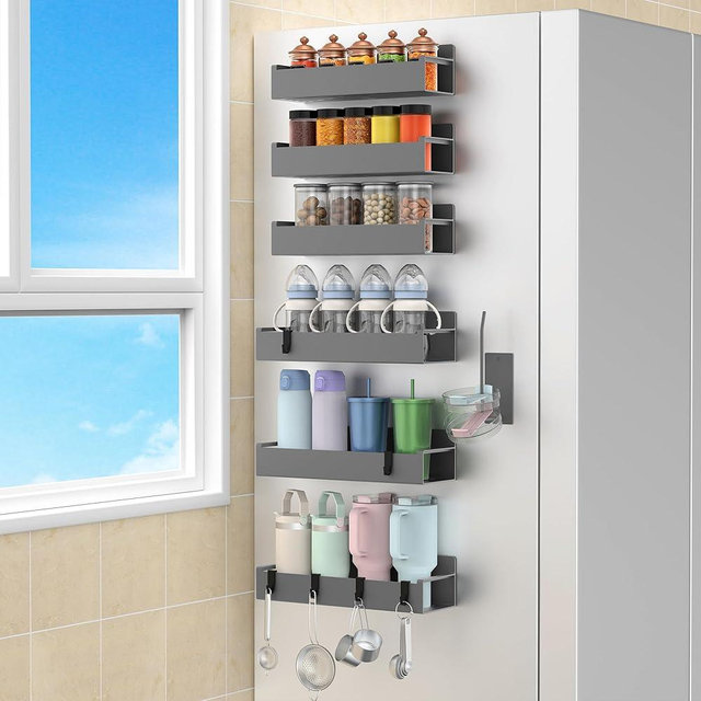 HuggieGems Magnetic Water Bottle Holder for Refrigerator, Cup Holder Organizer for Stanley and Tumbler for Kitchen, 6 Pack, Dark Gray
