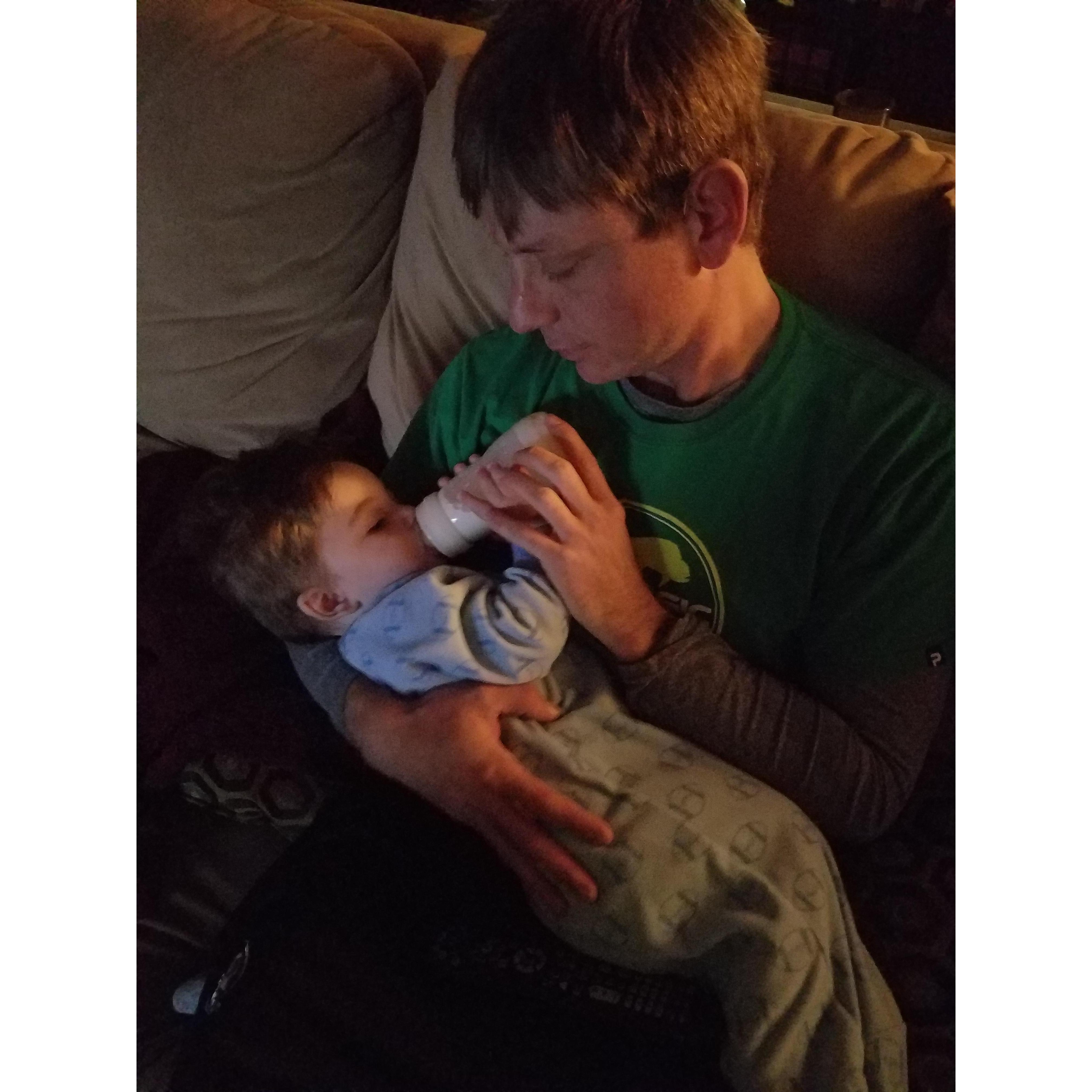 I still believe that Evan was more excited about bottle feeding than I was.