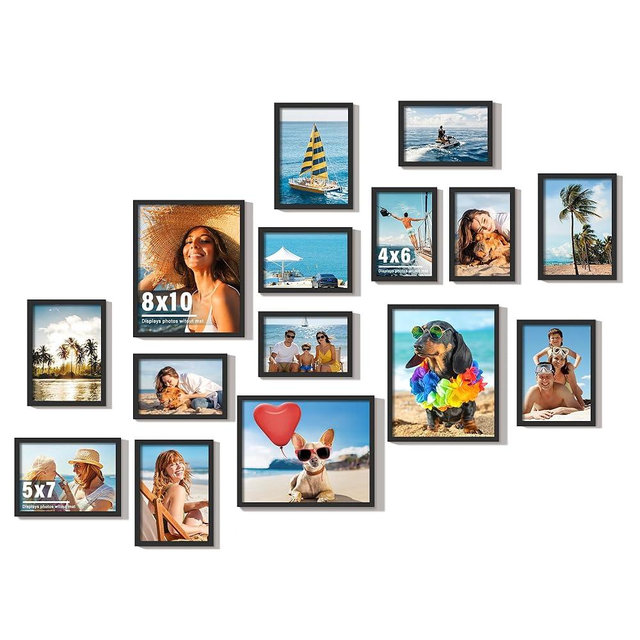 DUENPY 15 Pack Picture Frames Collage Wall Decor, Black Frame Set with 3pcs 8x10, 6pcs 5x7, 6pcs 4x6 for Gallery Display, Wall Mounting & Tabletop, Bulk Photo Frames for Living Room Decor