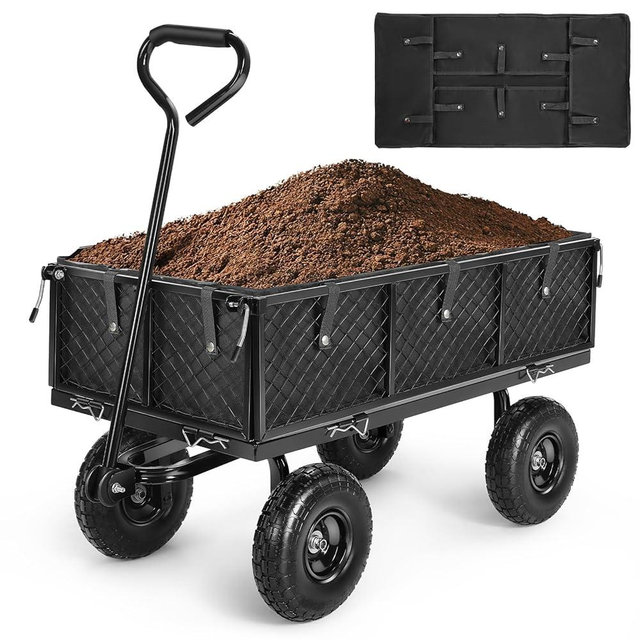 Garden Cart, Heavy Duty 880 Lbs Capacity Mesh Steel Garden Cart with Removable Sides to Convert into Flatbed, Utility Metal Wagon with 180° Rotating Handle and 10 in Tires, Black