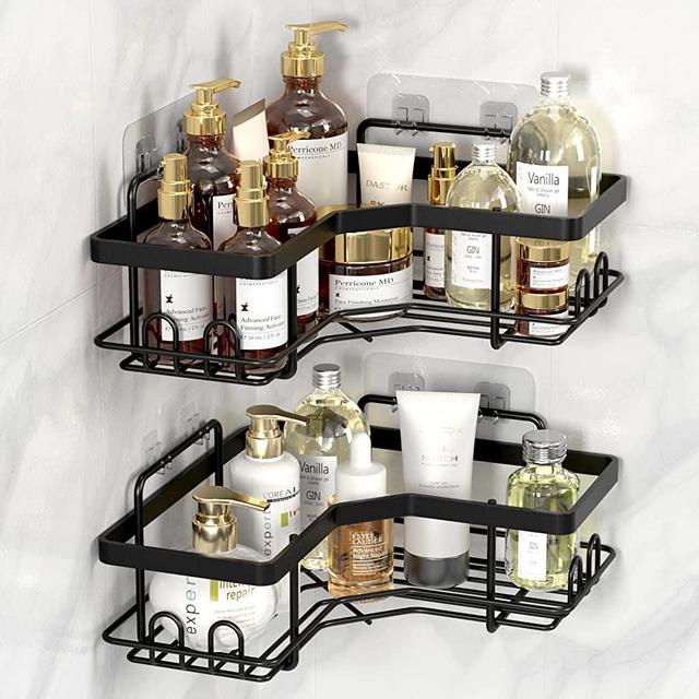 2 Pack Corner Shower Caddy ,Strong adhesive Shower Organizer Shelf with 8 hooks.Waterproof, rustproof wall-mounted shower shelves for bathroom ,dorm and kitchen .No Drilling (Black)…