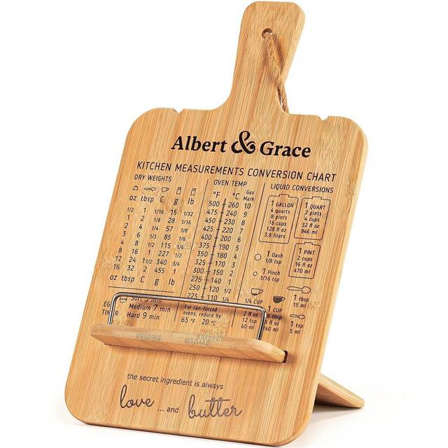 Albert&Grace Adjustable Bamboo Cookbook Stand with Conversion Chart – Recipe Book Holder for Kitchen Counter, Large Wooden Stand for Cookbooks, Tablets, & iPads