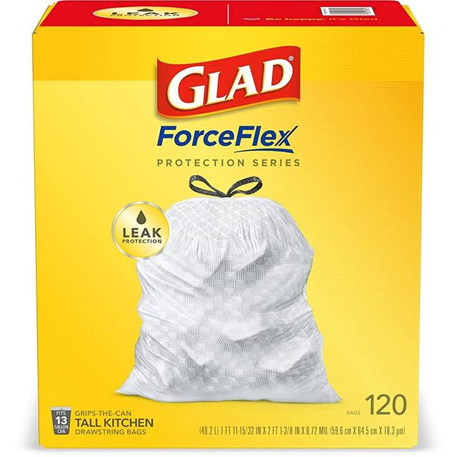Glad ForceFlex Protection Series Tall Kitchen Drawstring Trash Bags, 13 Gal, Unscented, 120 Ct (Package May Vary)