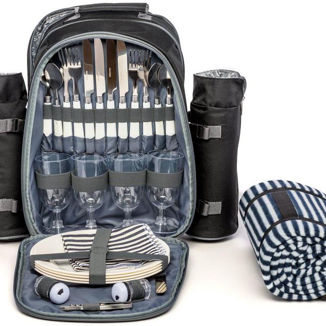 Picnic Backpack for 4 by Mister Alfresco, Stylish Black Color With Insulated Cooler Compartment 2 Detachable Bottle/Wine Holders Fleece Blanket Flatware and Plates. Light-weight, Versatile