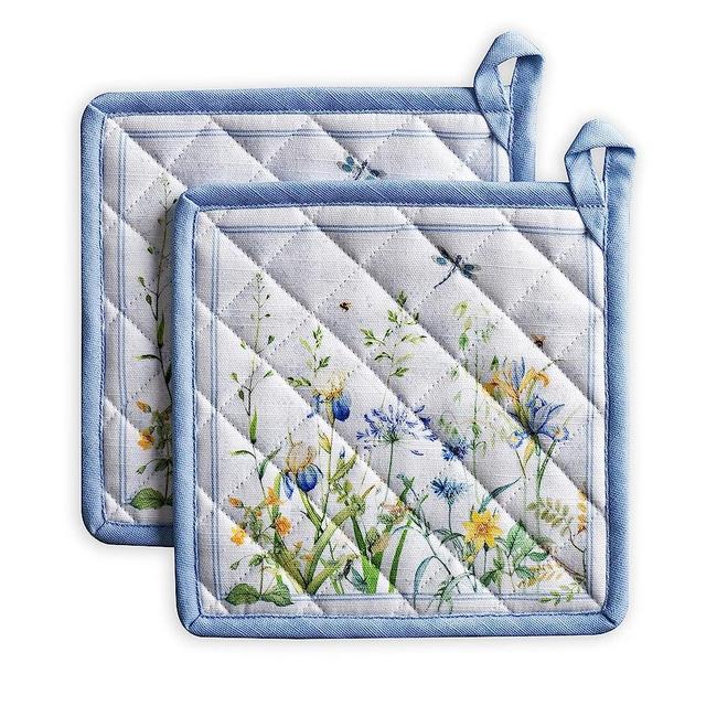 Maison d' Hermine Potholders 100% Cotton Set of 2, 8"x8" Hotpads Heat Resistant with Loop Pot Holder, Baking, Grilling, Home, Handling Hot Pans, Fleurs De Mai - Spring/Summer